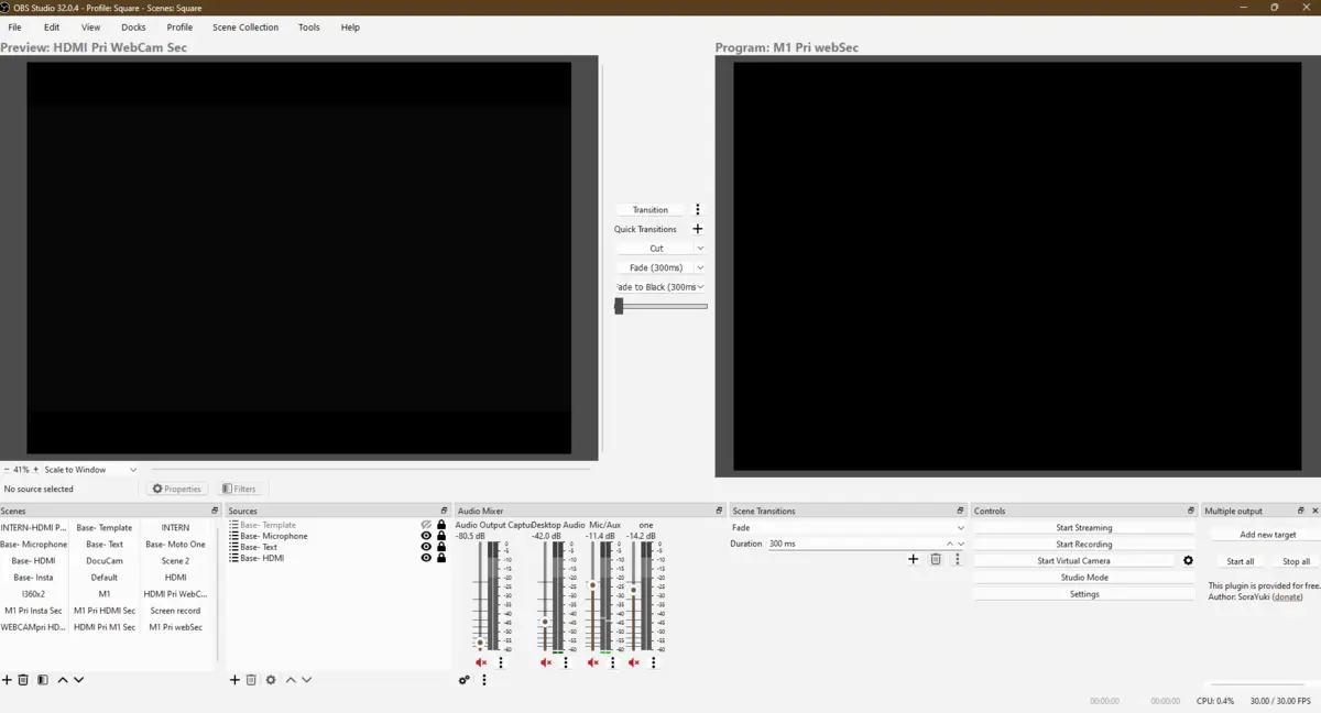 OBS Studio streaming software configured with multiple scenes and audio sources