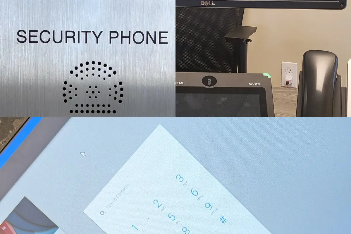 VoIP phone systems: security phone installation, Grandstream desk phone, and softphone dialer on laptop